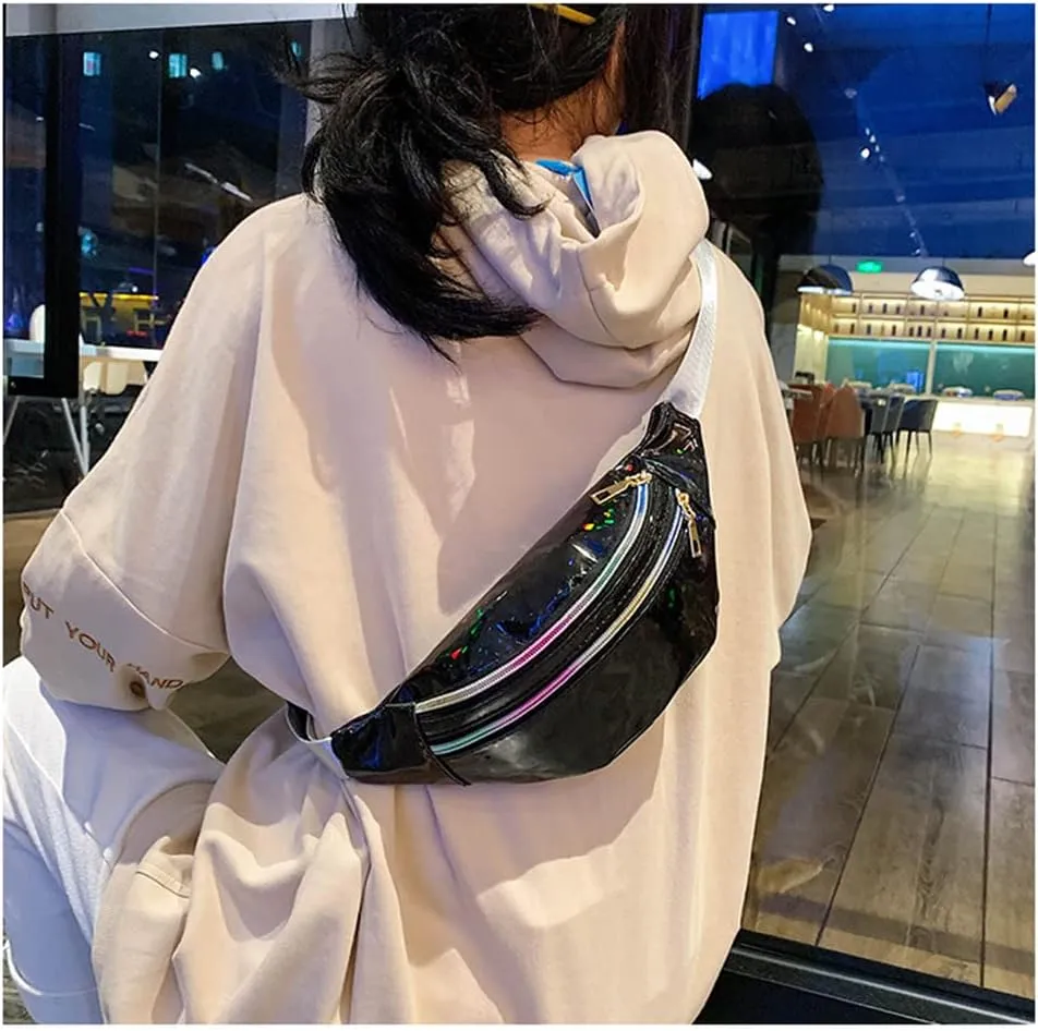 Waist Bags Women Silver Fanny Pack Female Belt Bag Black Geometric Waist Packs Laser Chest Bag Laser Bum Bag (Sequin black)