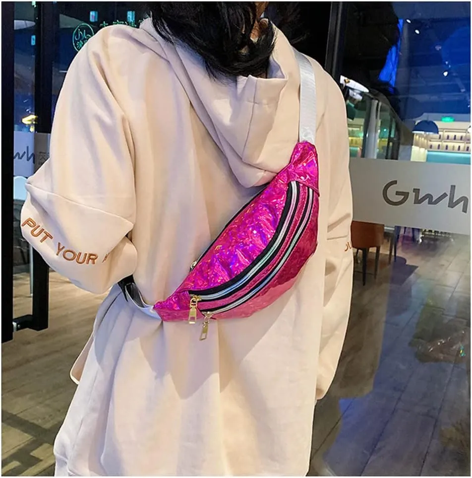 Waist Bags Women Silver Fanny Pack Female Belt Bag Black Geometric Waist Packs Laser Chest Bag Laser Bum Bag (Sequin rose)