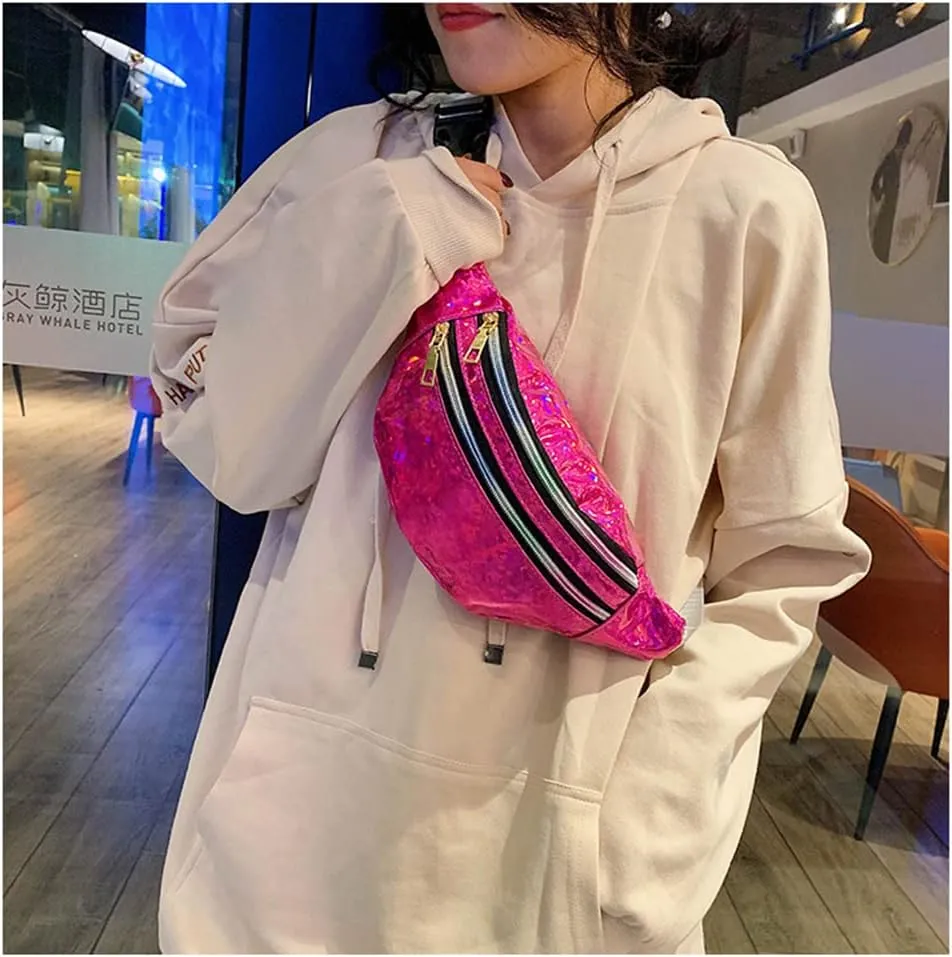 Waist Bags Women Silver Fanny Pack Female Belt Bag Black Geometric Waist Packs Laser Chest Bag Laser Bum Bag (Sequin rose)