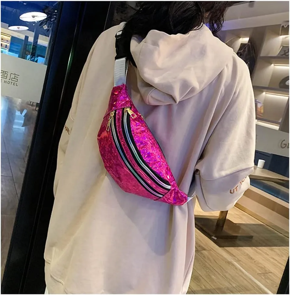 Waist Bags Women Silver Fanny Pack Female Belt Bag Black Geometric Waist Packs Laser Chest Bag Laser Bum Bag (Sequin rose)