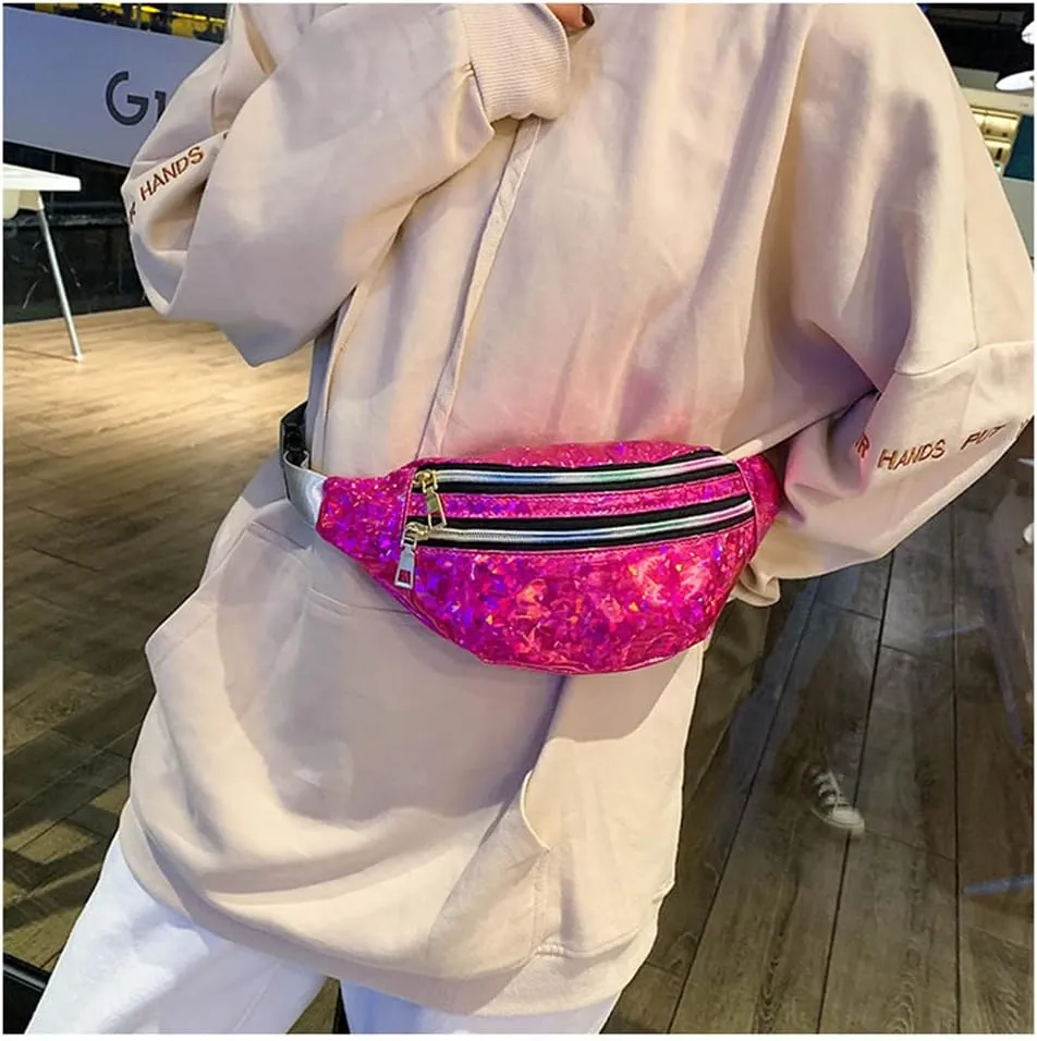 Waist Bags Women Silver Fanny Pack Female Belt Bag Black Geometric Waist Packs Laser Chest Bag Laser Bum Bag (Sequin rose)