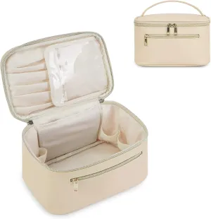 Wandering Nature Makeup Bag, Travel Make Up Organizer Cosmetic Brush Bags Case for Women in Vegan Leather, Beige,Patent Pending