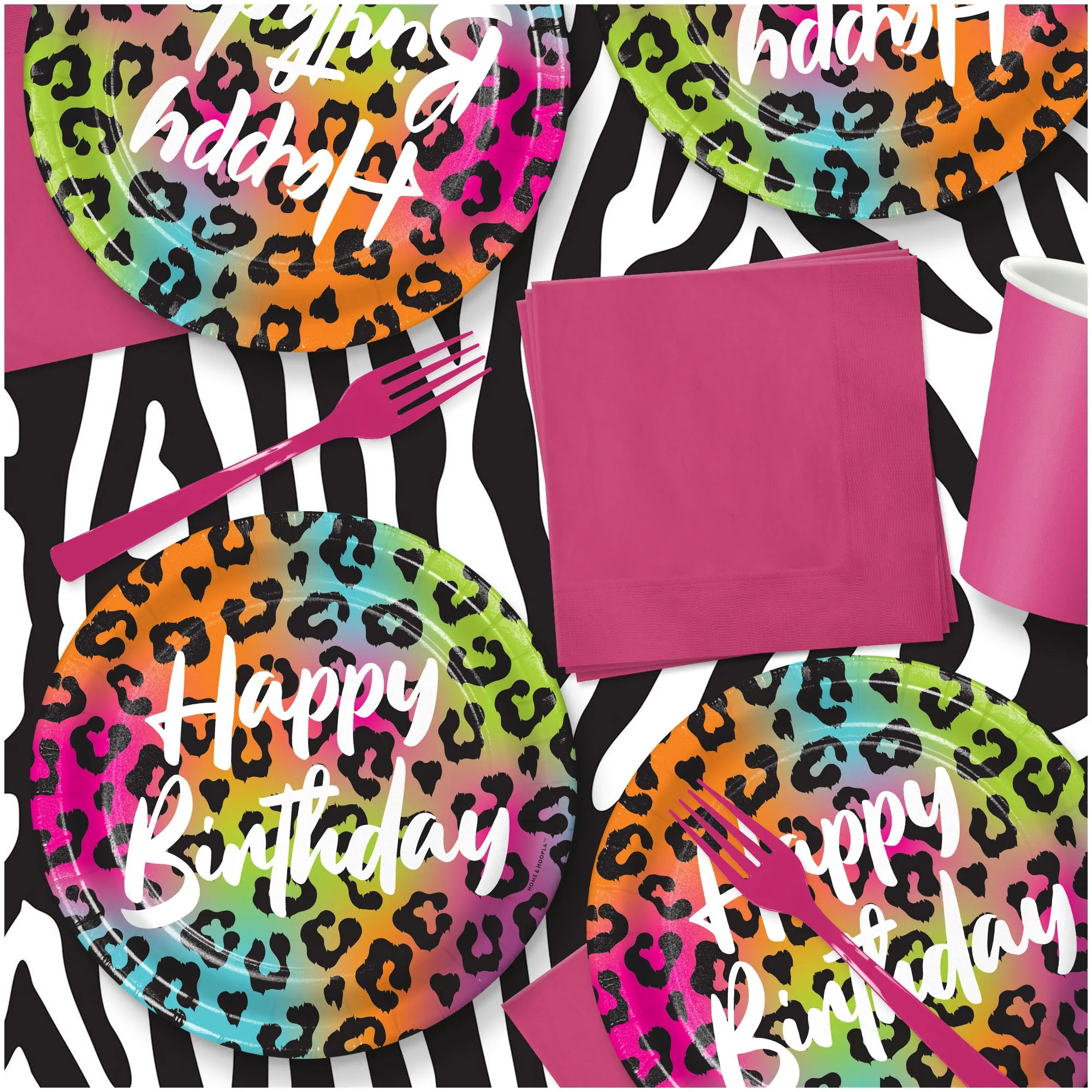 Wild Child Party Pack - Leopard Paper Dessert Plates, Napkins, Table Cover & Animal Print Banner