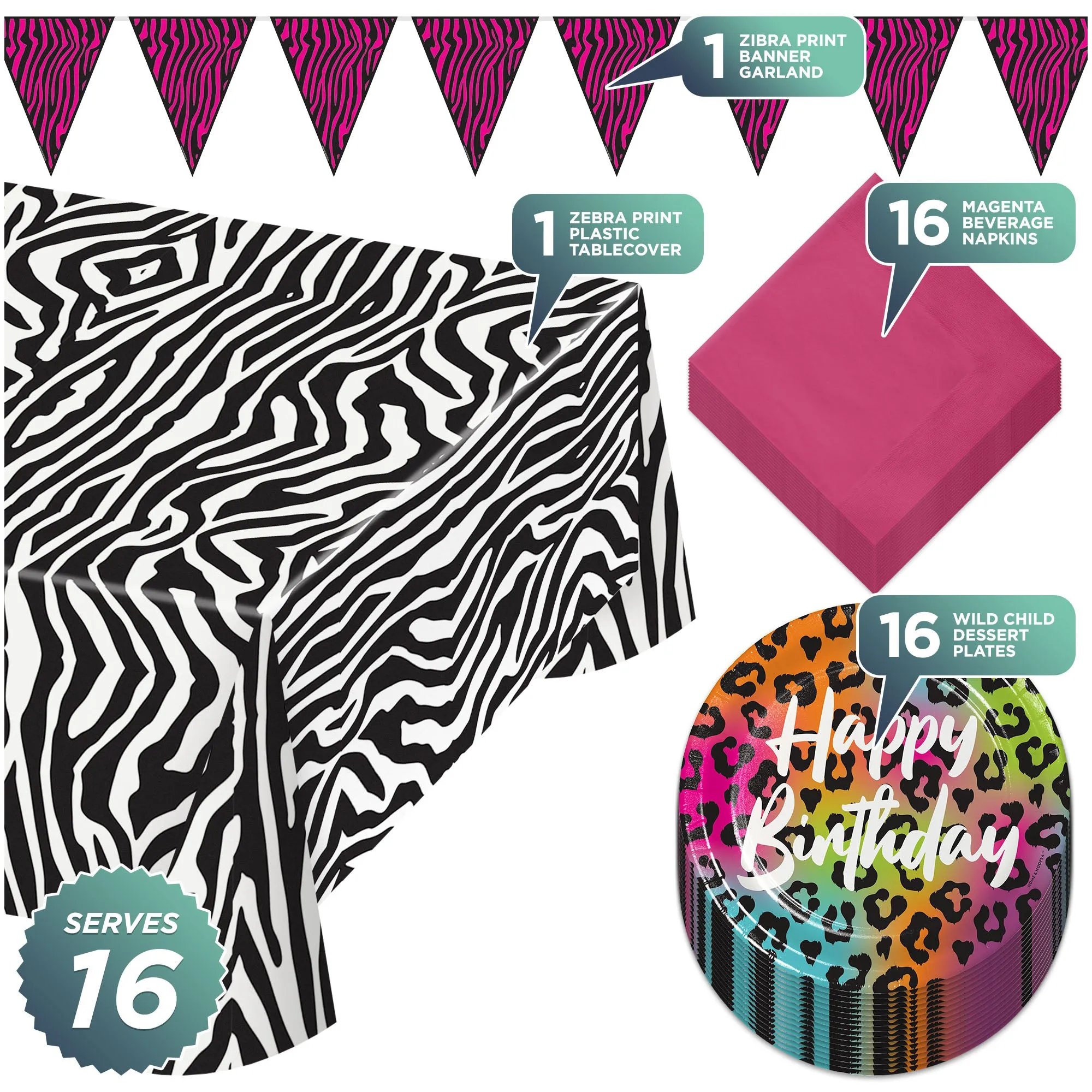 Wild Child Party Pack - Leopard Paper Dessert Plates, Napkins, Table Cover & Animal Print Banner