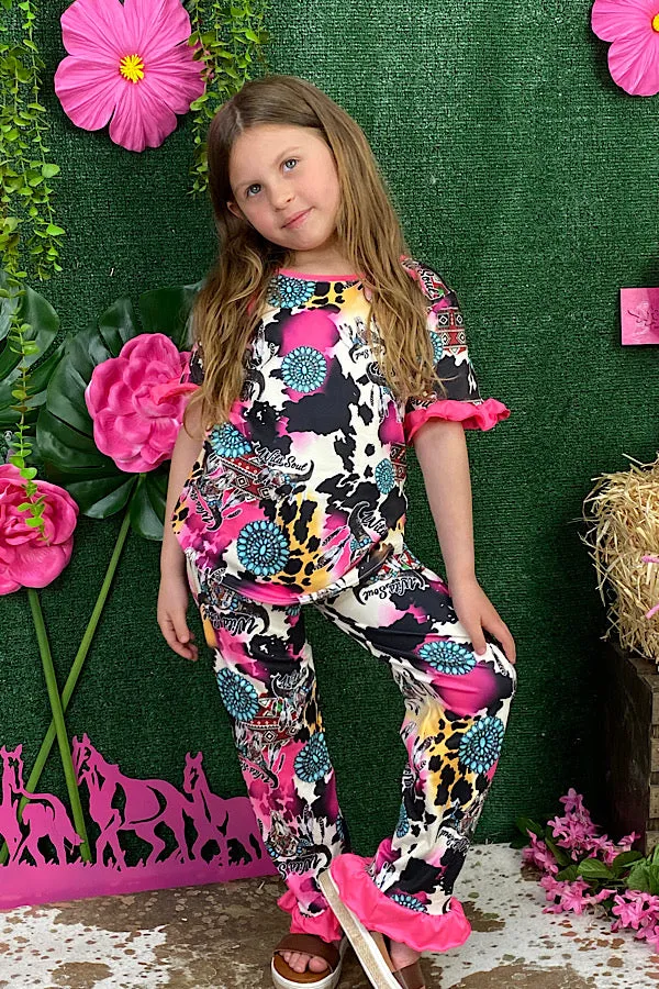 WILD SOUL concho & animal print girl top & bottom set DLH2324