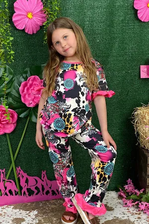 WILD SOUL concho & animal print girl top & bottom set DLH2324