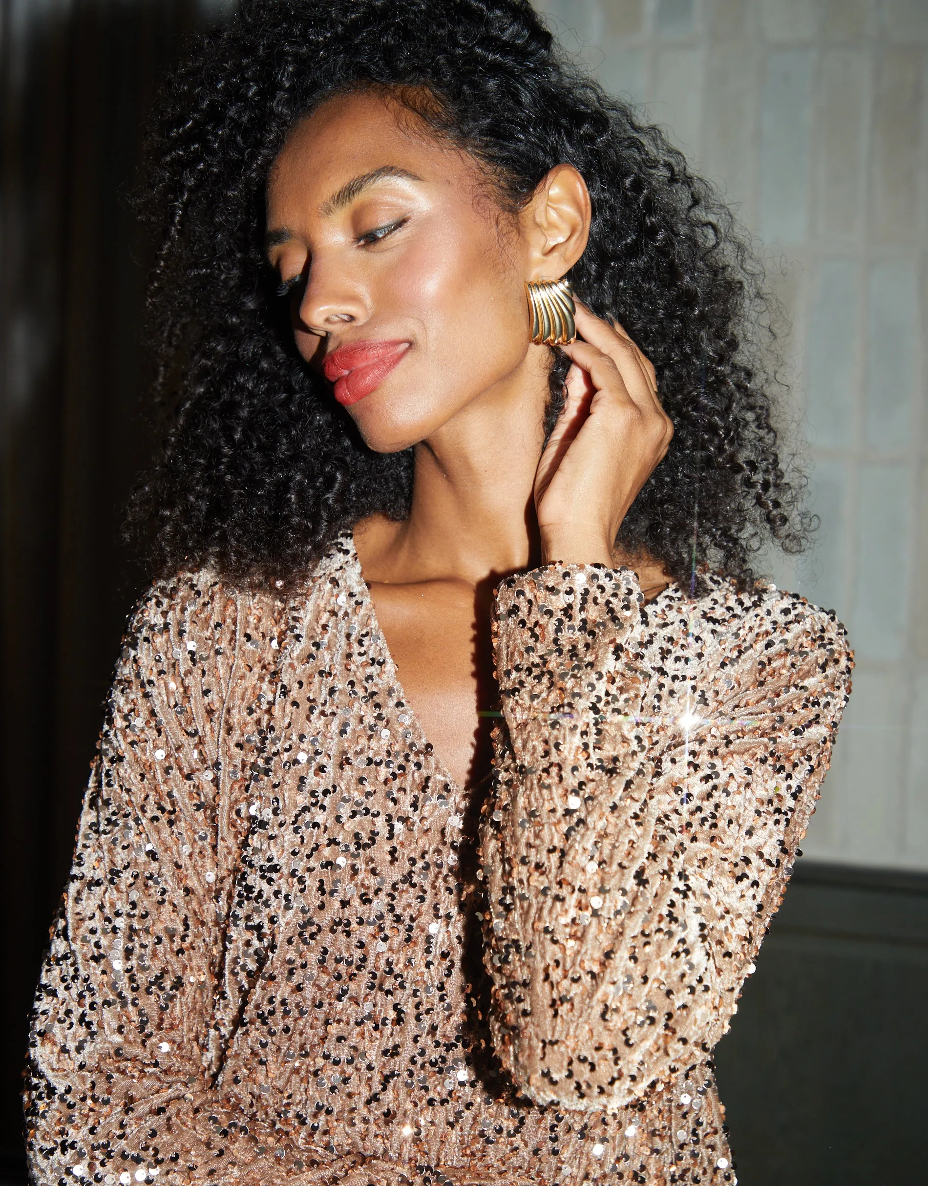 Women's Bronze Sequin Velour V Neck Mini Dress