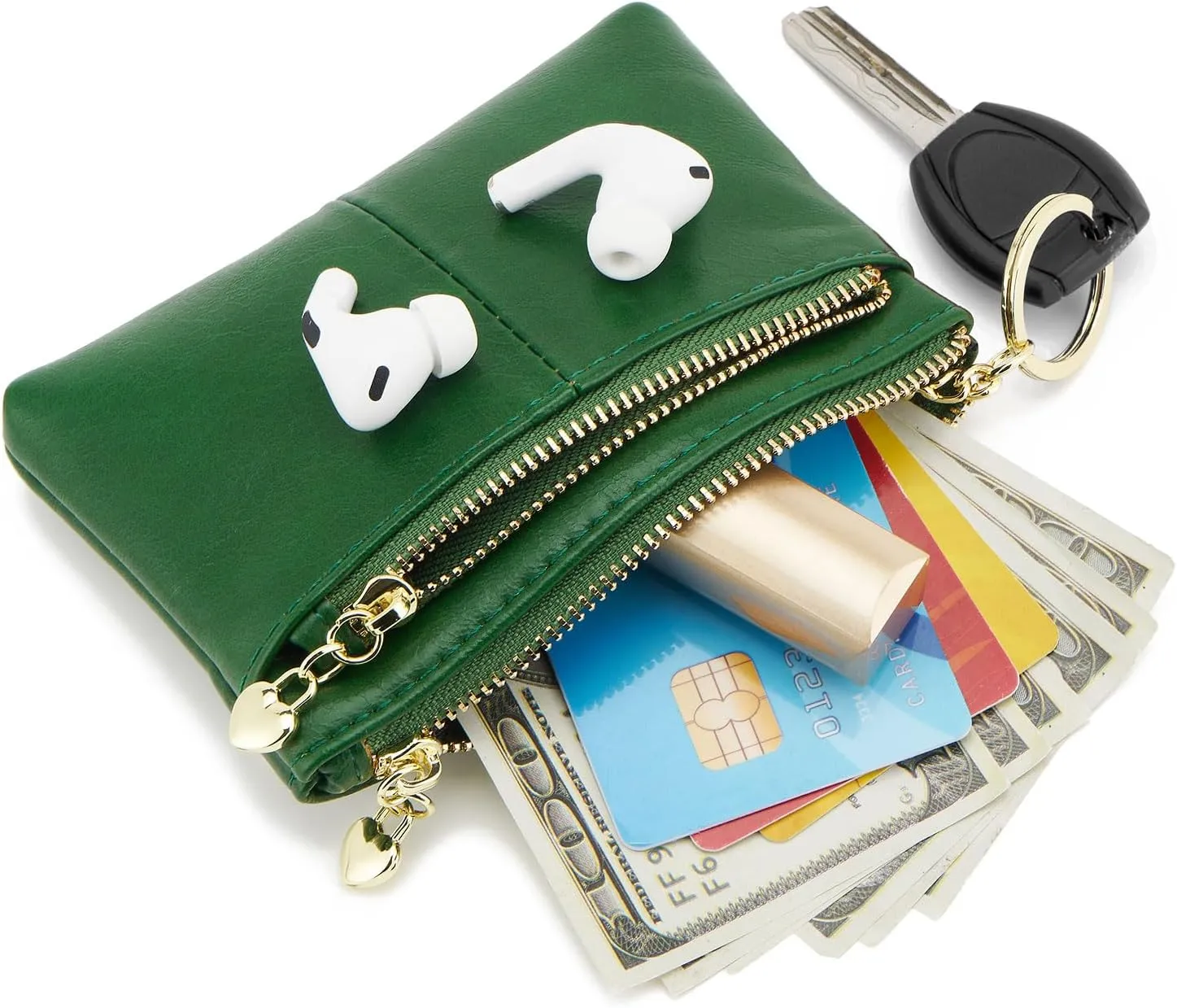 ZOOEASS Women PU Leather Zip Mini Coin Purse With Key Ring Triple Zipper Card Holder Wallet(Green)
